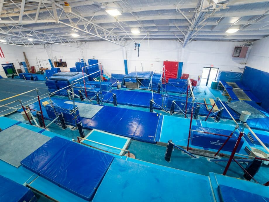 top-down view of the bar gym with the uneven bars and high bar