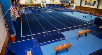 corner view of the mats and pommel horses